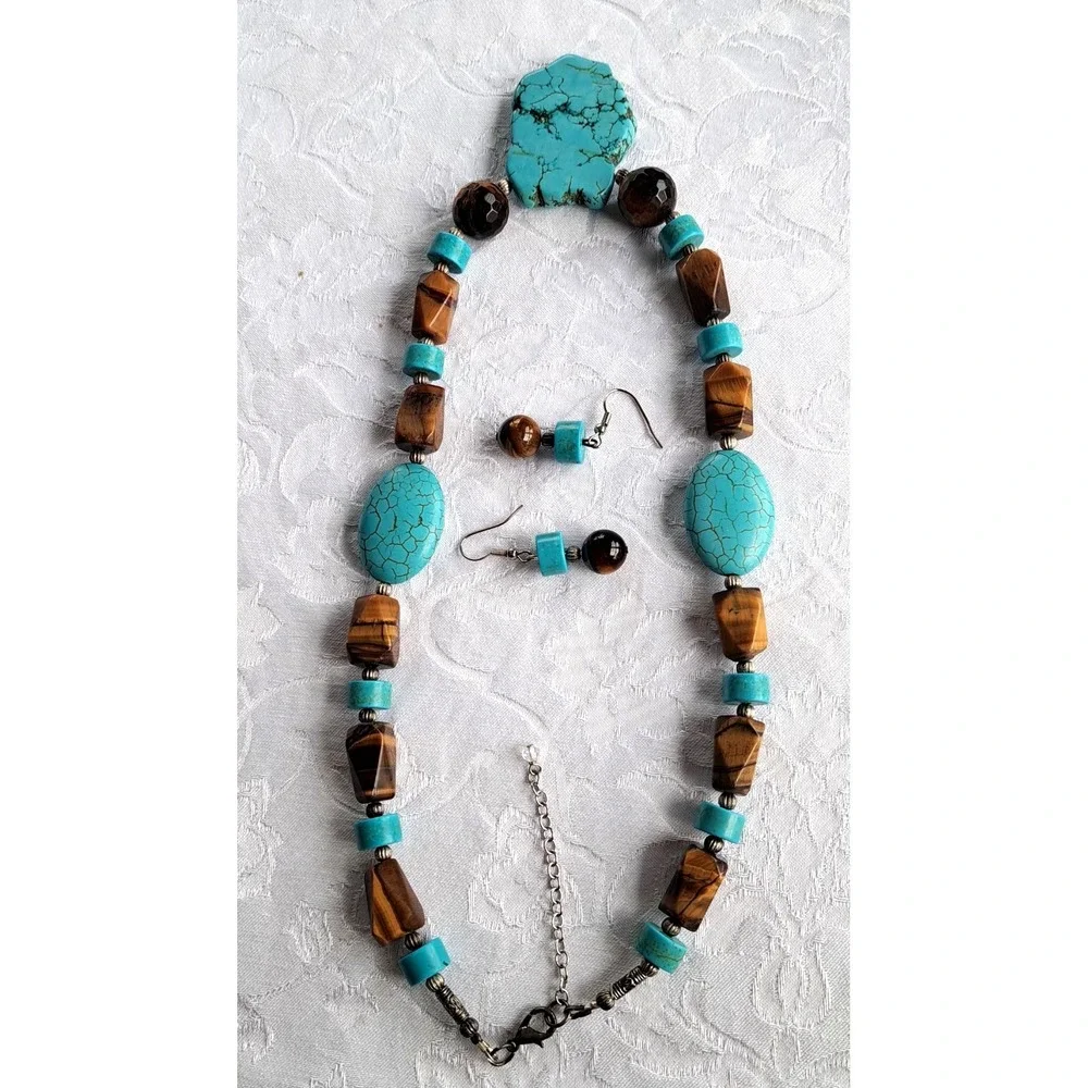 Fashion Jewelry Set Necklace Earrings Tiger Eye Turquoise Howlite Adjustable